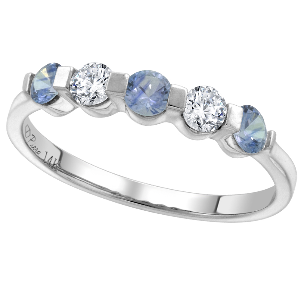 14k White Gold 0.23ct Diamond & Genuine Lt Blue Sapphire 5-Stone Ring Round Brilliant cut 3mm, size 5-10
