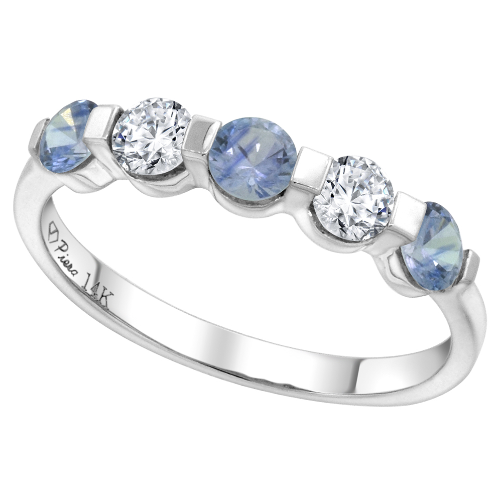 14k White Gold 0.33ct Diamond & Genuine Lt Blue Sapphire 5-Stone Ring Round Brilliant cut 3.4mm, size5-10