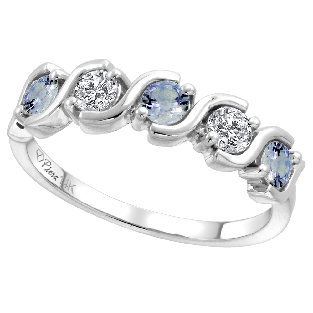 14k White Gold 5-Stone Diamond & Genuine Lt Blue Sapphire Ring Round Brilliant cut 0.23 cttw 3mm,size5-10