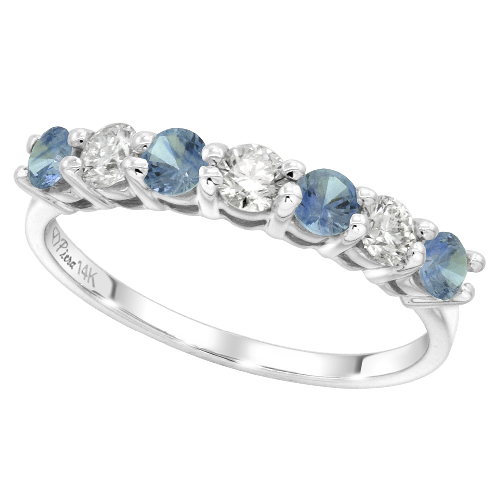 14k White Gold Genuine Light Blue Sapphire &Diamond 7-stone Ring Round Brilliant cut 0.35ct 3mm,size5-10