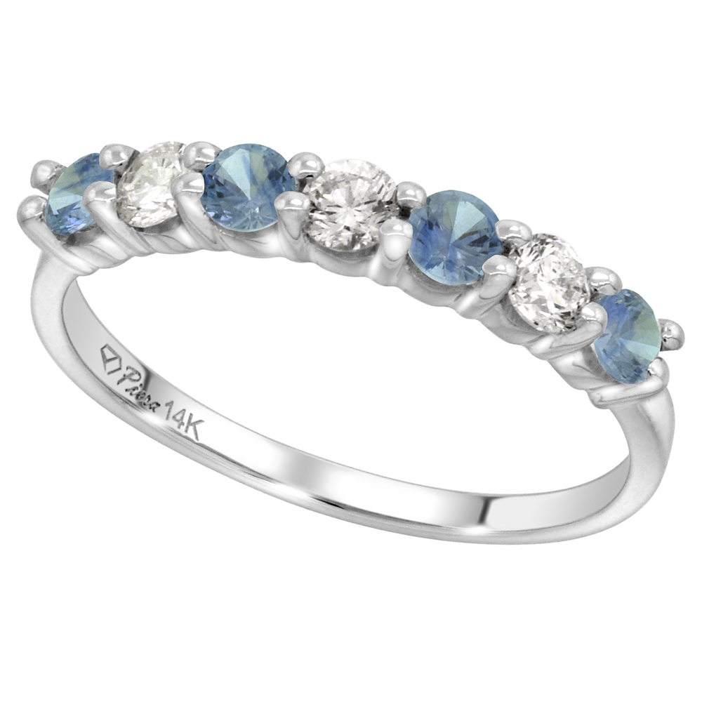 14k White Gold Genuine Light Blue Sapphire &Diamond 7-Stone Ring Round Brilliantcut 0.35cttw 3mm,size5-10