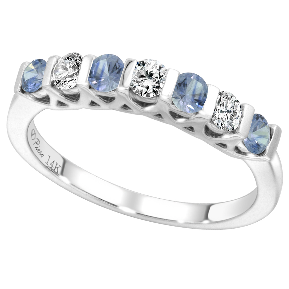 14k White Gold Genuine Lt Blue Sapphire & Diamond 7-Stone Ring Round Brilliant cut 0.3cttw 2.8mm,size5-10