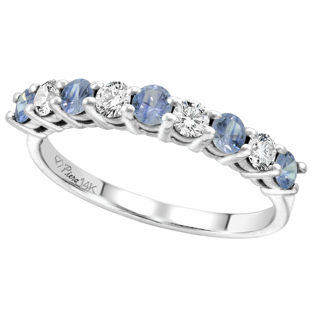 14k White Gold Diamond & Genuine Lt Blue Sapphire 9-Stone Ring Round Brilliant cut 0.4cttw 2.8mm,size5-10