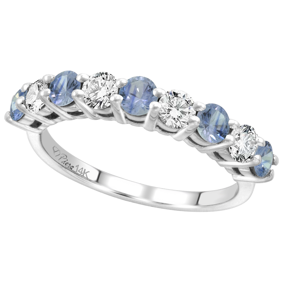 14k White Gold Diamond & Genuine Lt Blue Sapphire 9-Stone Ring Round Brilliant cut 0.52ct 3.1mm,size5-10