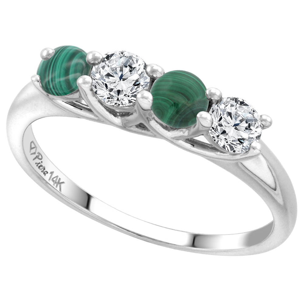 14k White Gold Genuine Malachite and Diamond 4-Stone Ring Round Brilliant cut 0.4cttw 3.7mm size 5-10