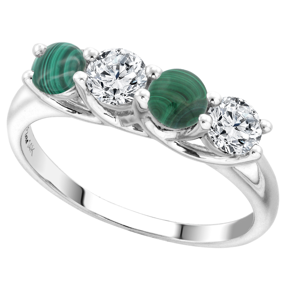 14k White Gold Genuine Malachite and Diamond 4-Stone Ring Round Brilliant cut 0.5cttw 4.1mm size 5-10