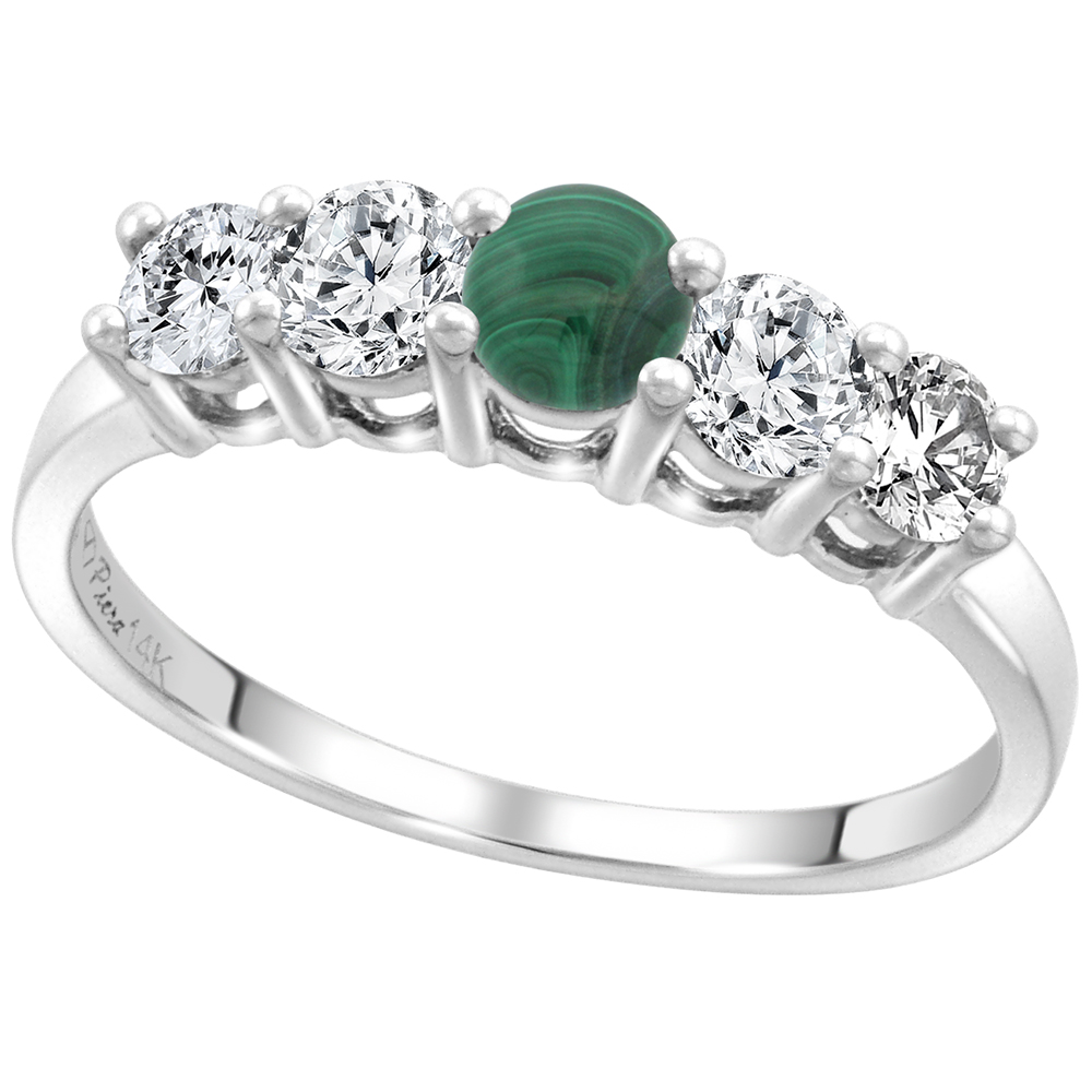 14k White Gold 0.6ct Diamond & Genuine Malachite 5-Stone Ring Round Brilliant cut 4mm, size 5-10