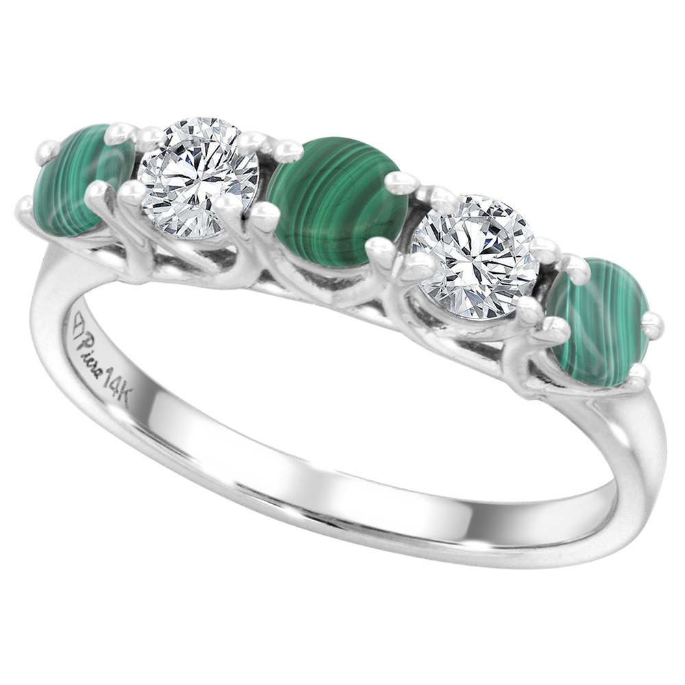 14k White Gold Genuine Malachite and Diamond 5-Stone Ring Round Brilliant cut 0.4ct 3.7mm, size 5-10