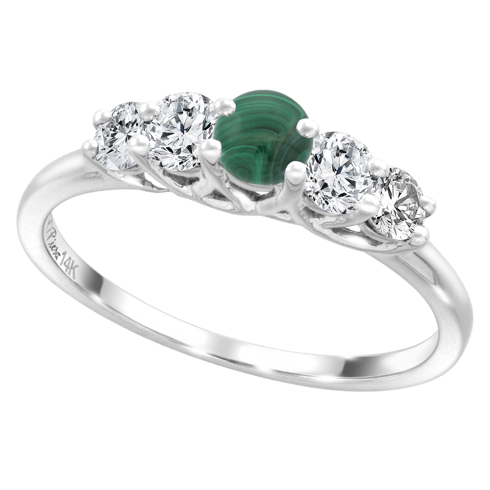 14k White Gold 0.4ct Diamond & Genuine Malachite 5-Stone Ring Round Brilliant cut 3.6mm, size 5-10