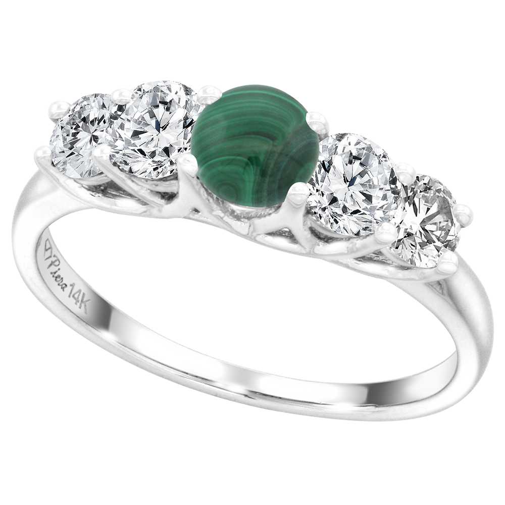 14k White Gold 0.7ct Diamond & Genuine Malachite 5-Stone Ring Round Briliant cut 4.8mm, size 5-10