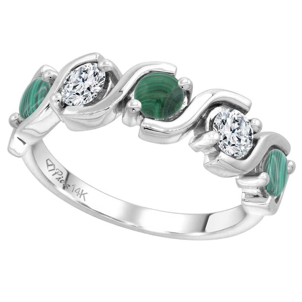 14k White Gold 5-Stone Genuine Malachite and Diamond Ring Round Brilliant cut 0.4ct 3.7mm, size 5-10