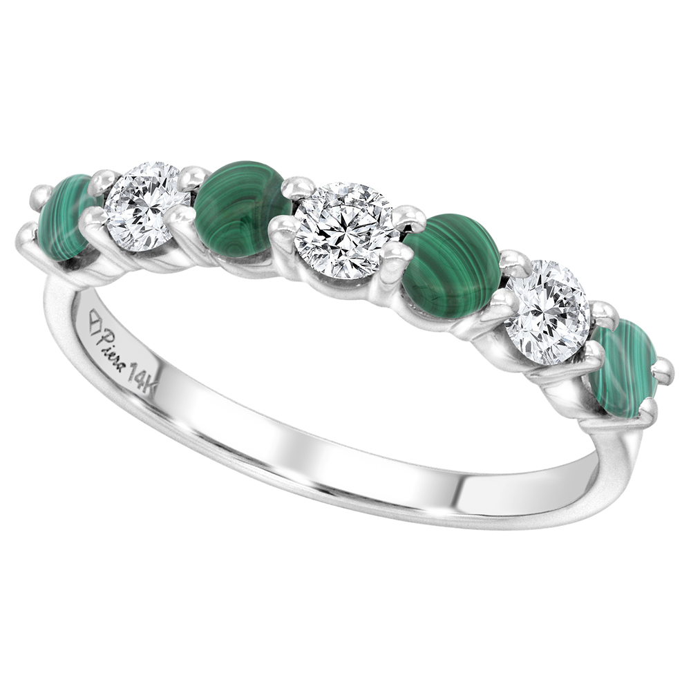 14k White Gold Genuine Malachite and Diamond 7-Stone Ring Round Brilliant cut 0.77cttw 4.1mm, size 5-10