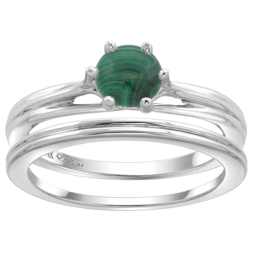 14k White Gold Genuine Malachite Solitaire Engagement 2pc Ring Set Round 6mm, size 5-10