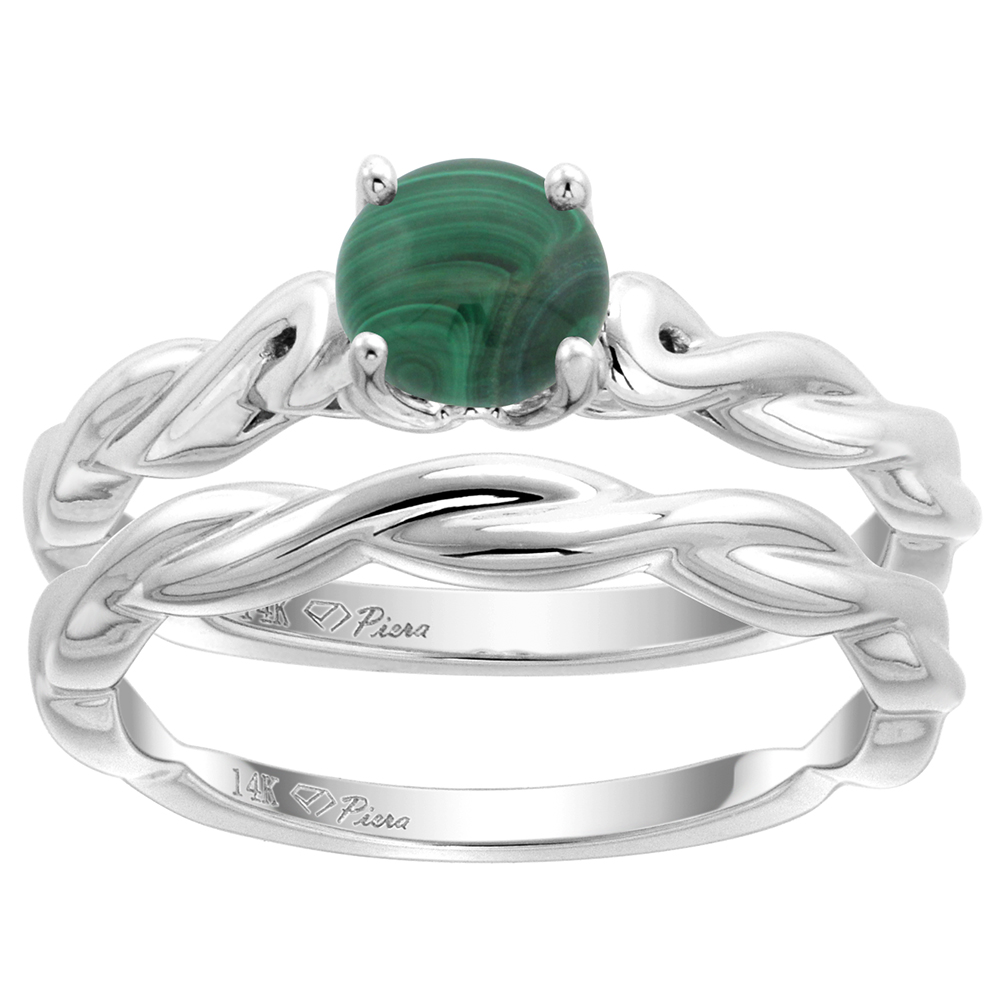 14k White Gold Genuine Malachite 2pc Solitaire Engagement Ring Set Round 6mm Twisted Shank, size 5-10