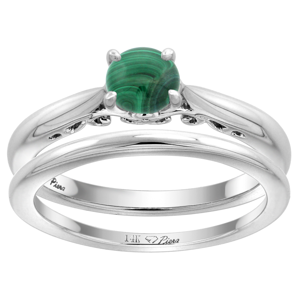 14k White Gold Genuine Malachite Solitaire Engagement 2pc Ring Set Round 6mm, size 5-10