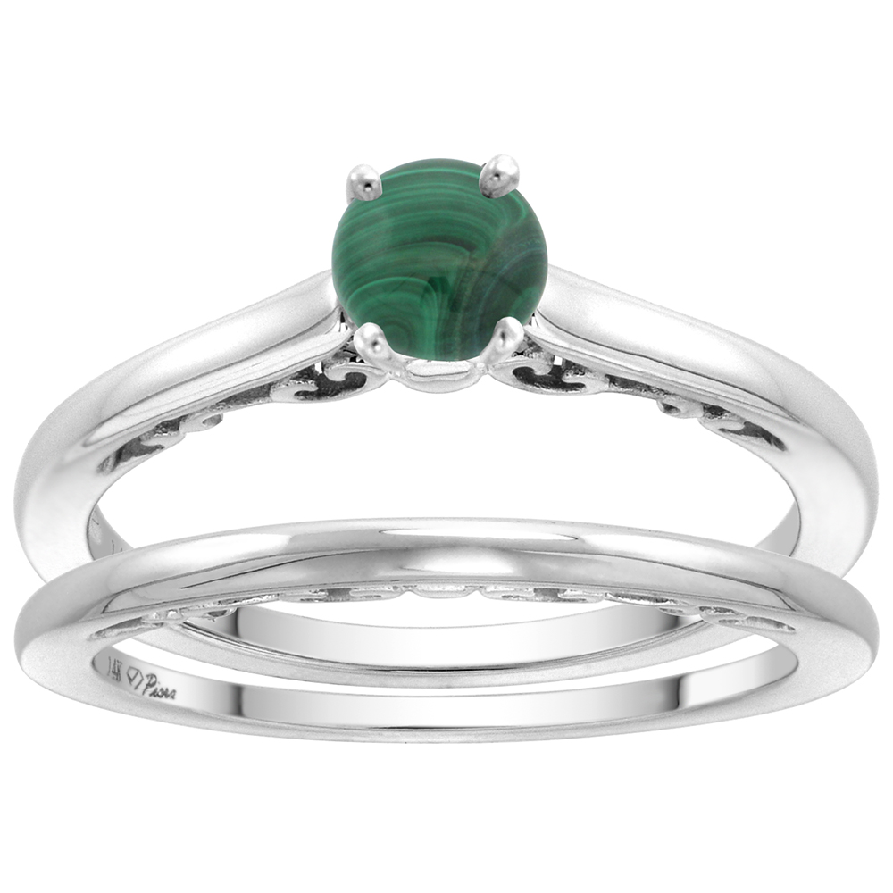 14k White Gold Genuine Malachite Solitaire Engagement 2pc Ring Set Round 4mm, size 5-10