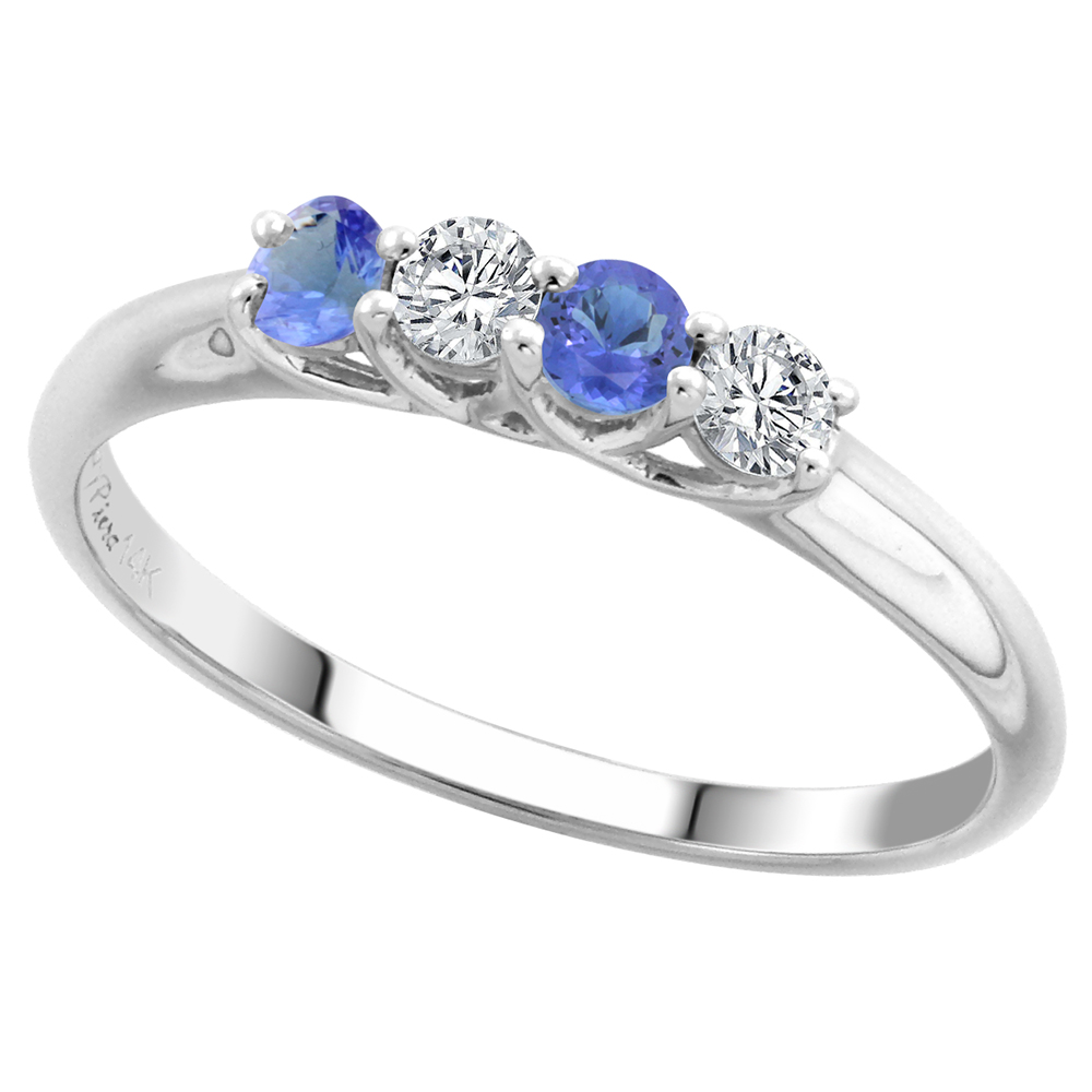 14k White Gold Genuine Tanzanite and Diamond 4-Stone Ring Round Brilliant cut 0.17ct 2.7mm, size 5-10