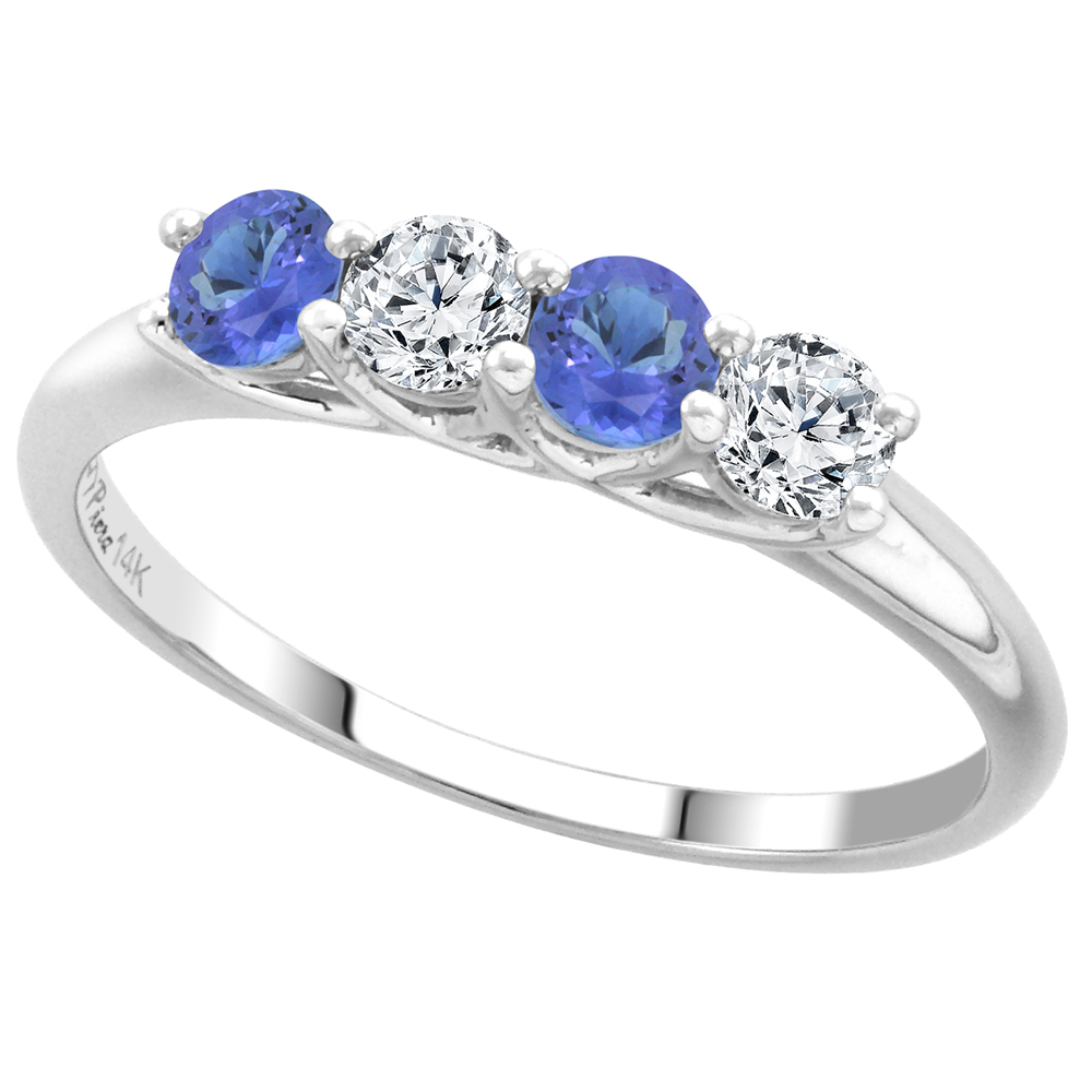 14k White Gold Genuine Tanzanite and Diamond 4-Stone Ring Round Brilliant cut 0.28ct 3.2mm, size 5-10