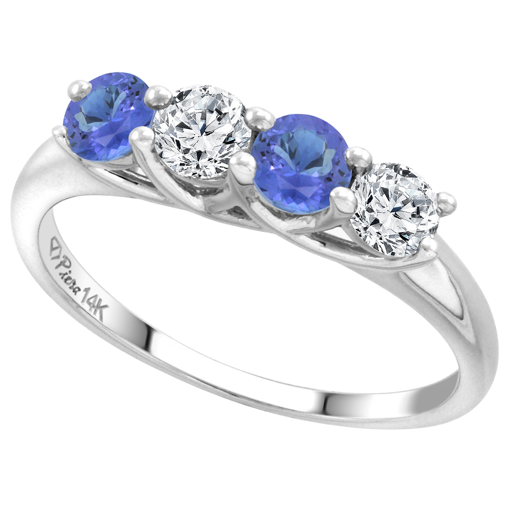 14k White Gold Genuine Tanzanite and Diamond 4-Stone Ring Round Brilliant cut 0.4cttw 3.7mm size 5-10