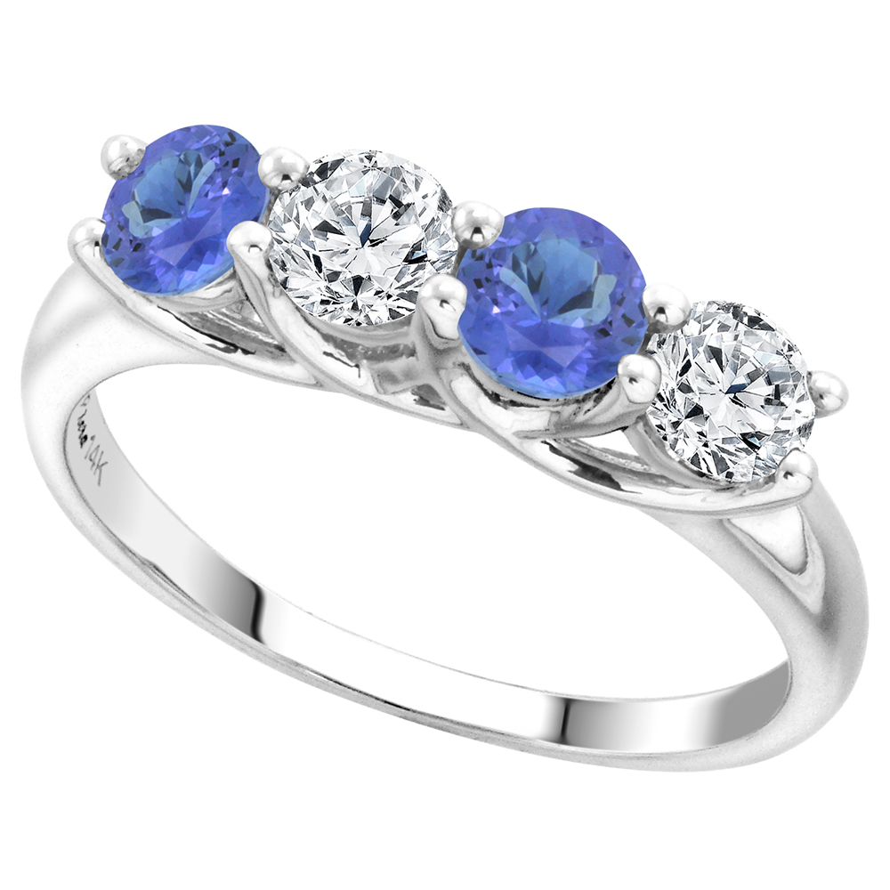 14k White Gold Genuine Tanzanite and Diamond 4-Stone Ring Round Brilliant cut 0.5cttw 4.1mm size 5-10