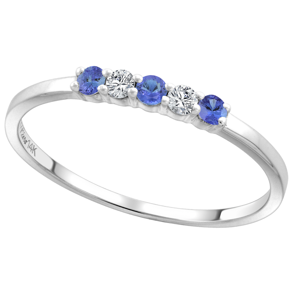 14k White Gold Genuine Tanzanite and Diamond 5-Stone Ring Round Brilliant cut 0.08cttw 2mm, size 5-10