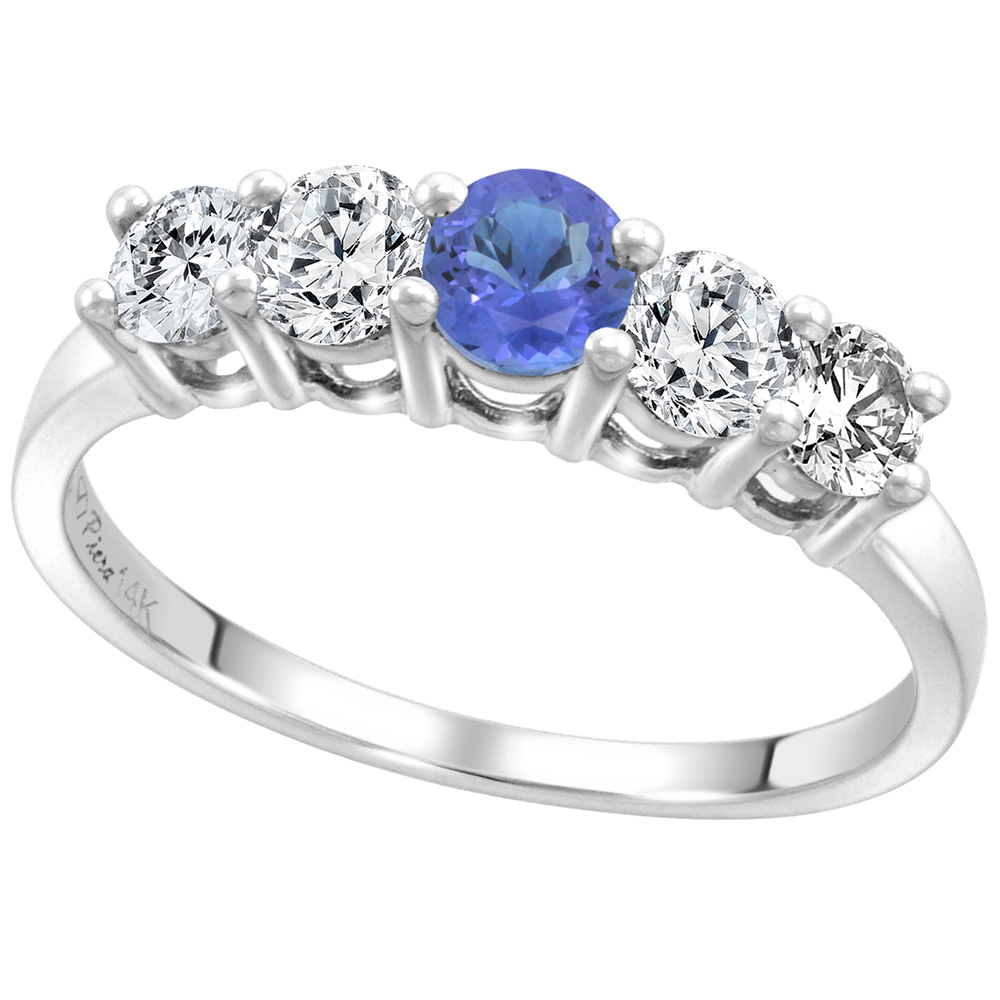 14k White Gold 0.6ct Diamond & Genuine Tanzanite 5-Stone Ring Round Brilliant cut 4mm, size 5-10