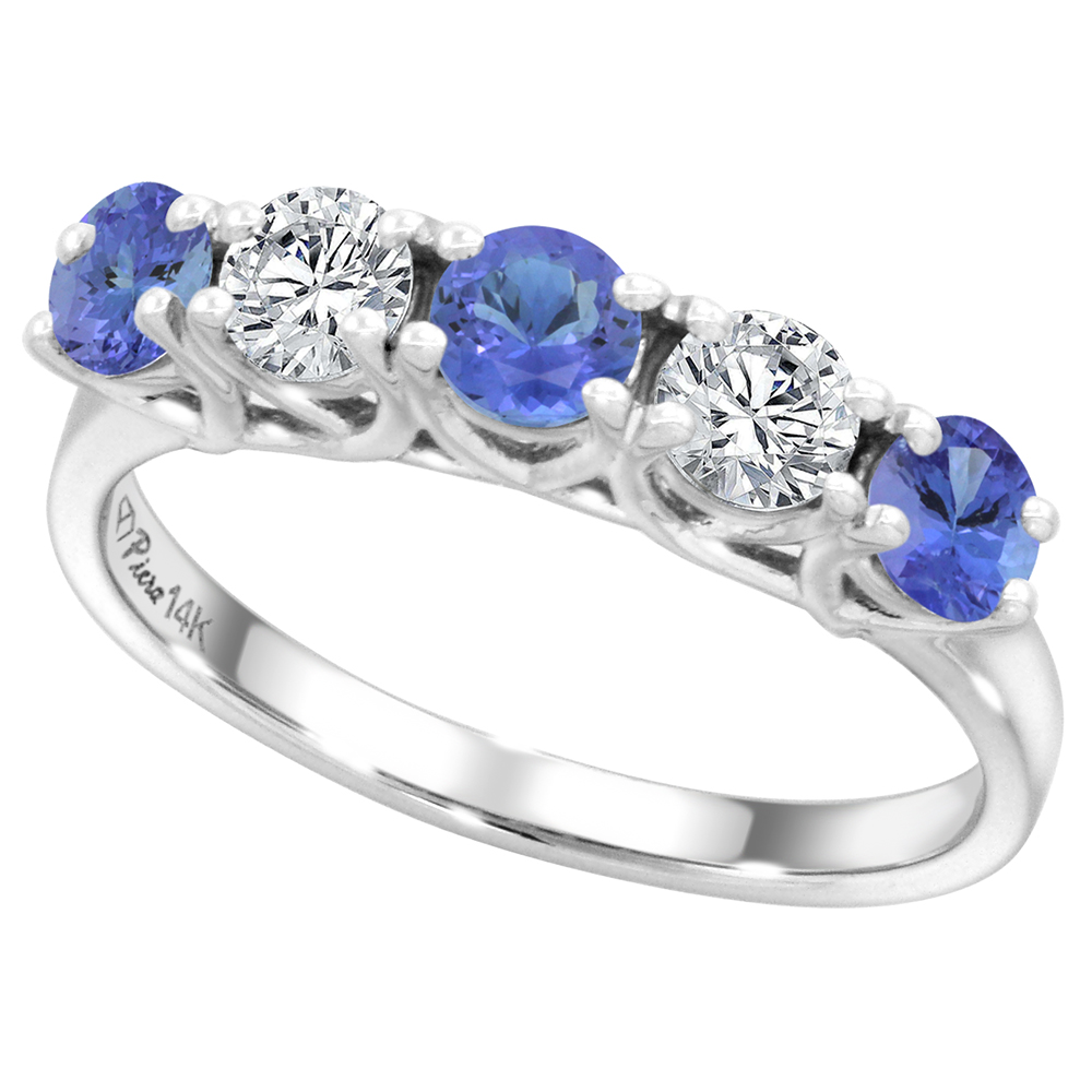 14k White Gold Genuine Tanzanite and Diamond 5-Stone Ring Round Brilliant cut 0.4ct 3.7mm, size 5-10