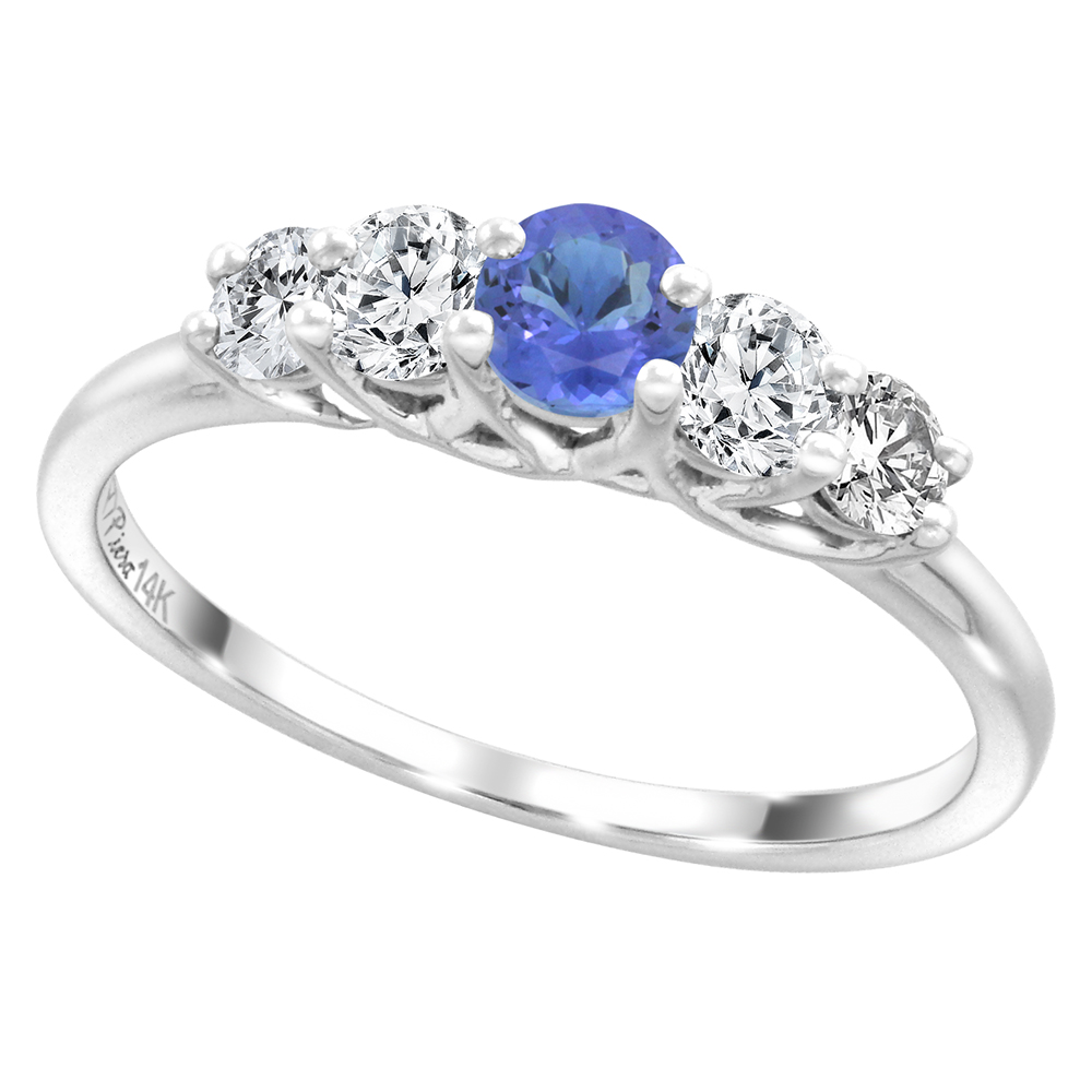 14k White Gold 0.4ct Diamond & Genuine Tanzanite 5-Stone Ring Round Brilliant cut 3.6mm, size 5-10