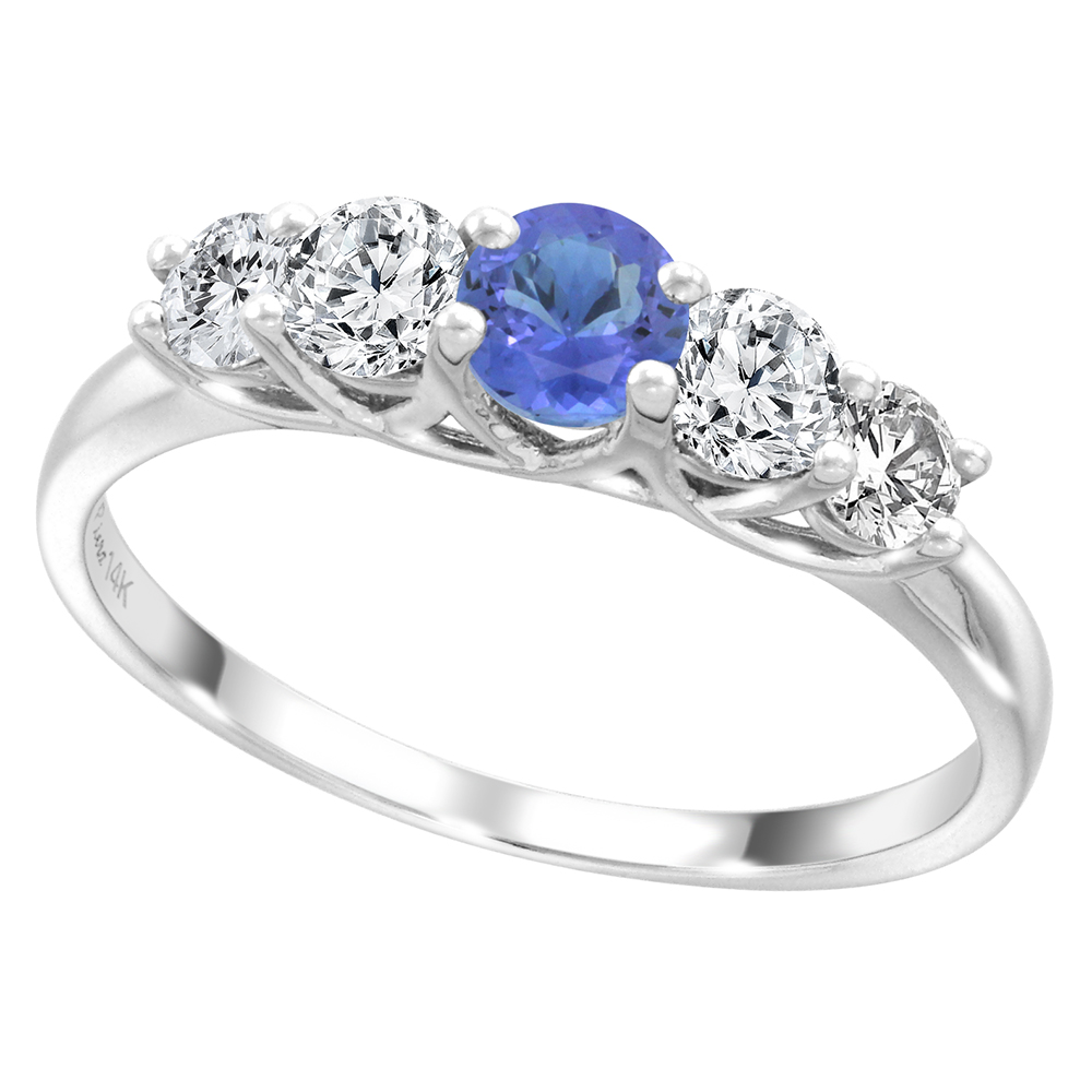 14k White Gold 0.6ct Diamond & Genuine Tanzanite 5-Stone Ring Round Brilliant cut 3.8mm, size 5-10