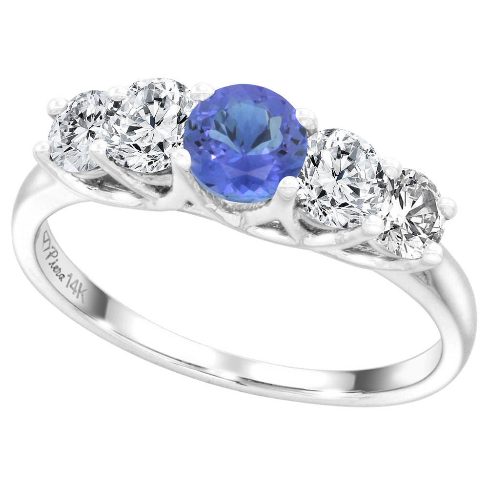 14k White Gold 0.7ct Diamond & Genuine Tanzanite 5-Stone Ring Round Briliant cut 4.8mm, size 5-10