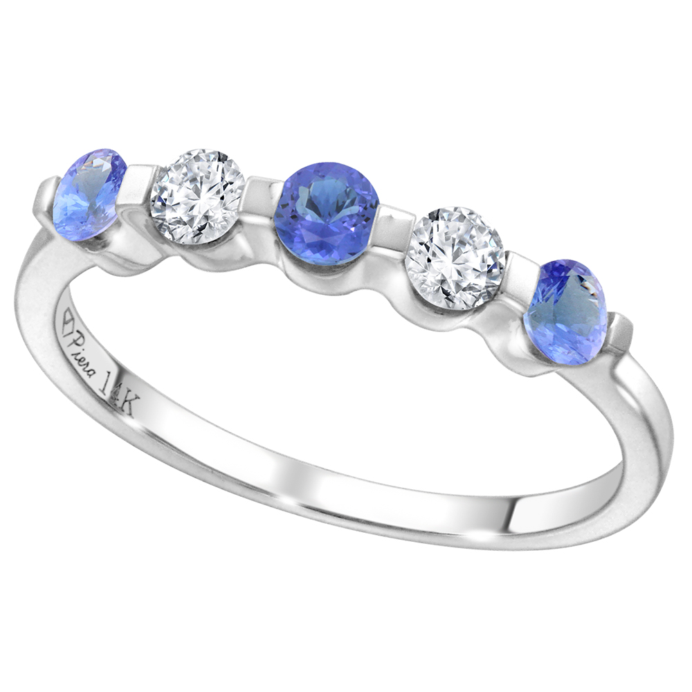14k White Gold 0.23ct Diamond & Genuine Tanzanite 5-Stone Ring Round Brilliant cut 3mm, size 5-10