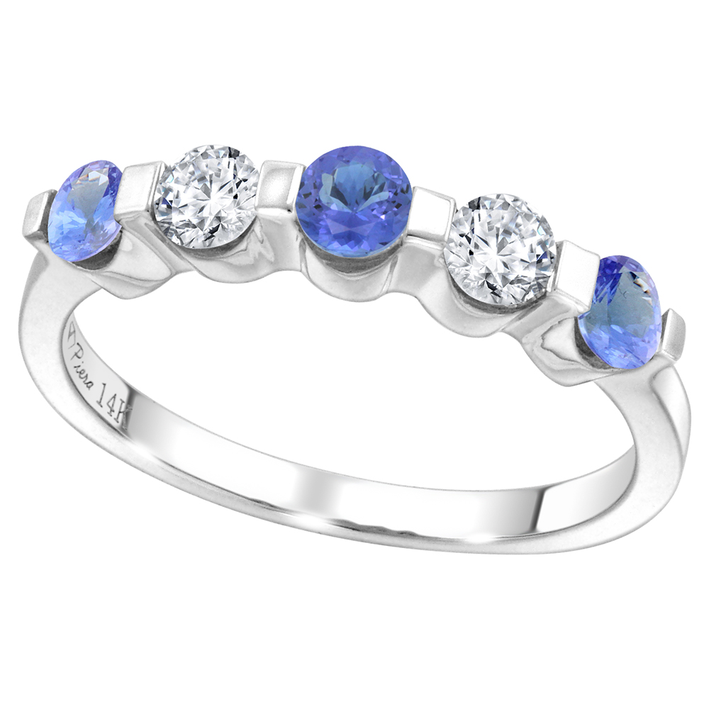 14k White Gold 0.33ct Diamond & Genuine Tanzanite 5-Stone Ring Round Brilliant cut 3.4mm, size 5-10