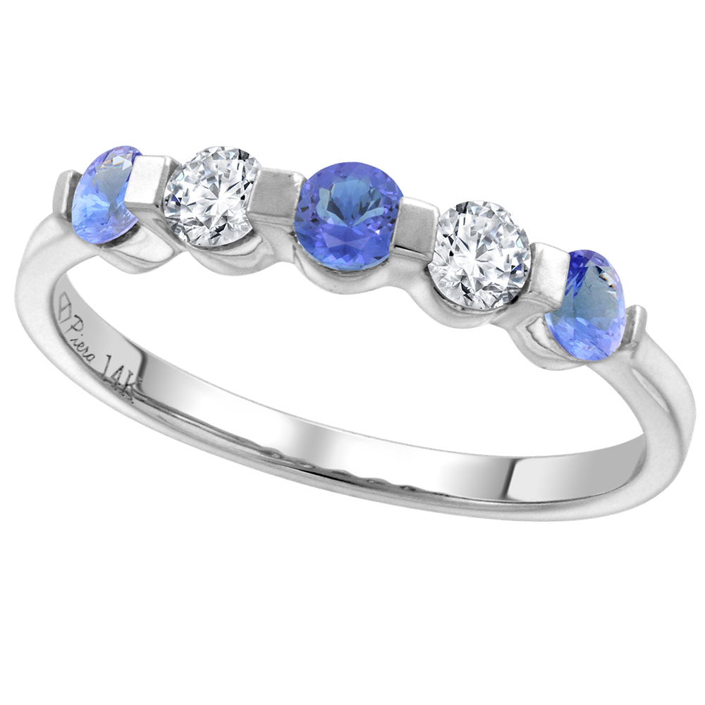 14k White Gold 0.23ct Diamond & Genuine Tanzanite 5-Stone Ring Round Brilliant cut 3mm, size 5-10