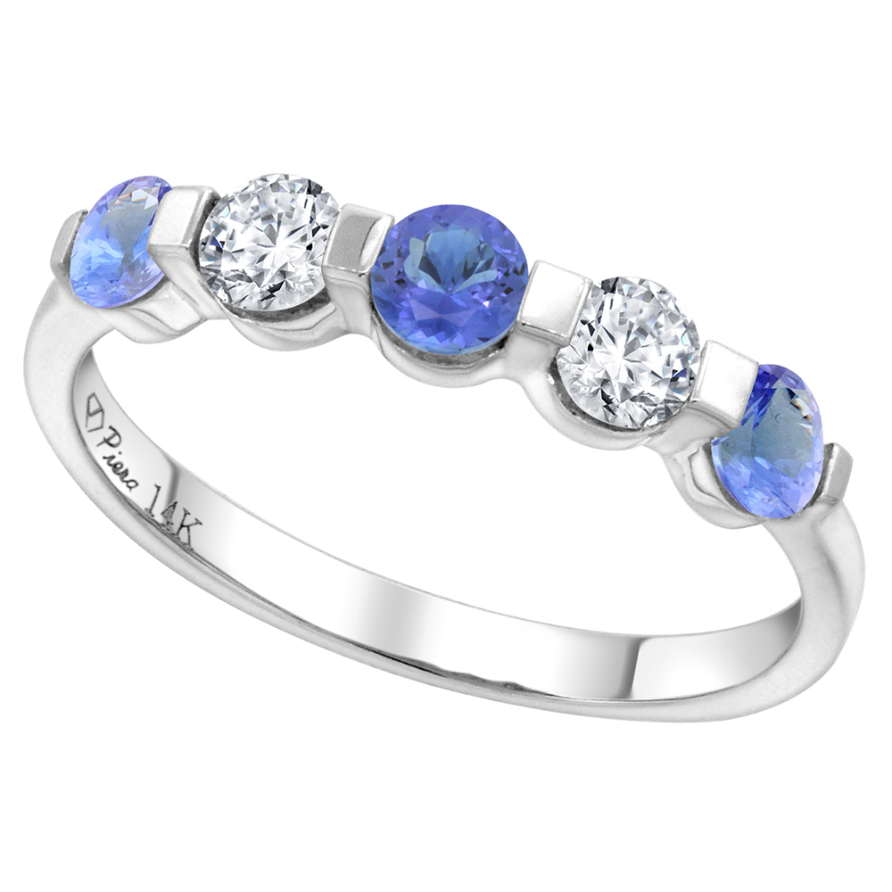 14k White Gold 0.33ct Diamond & Genuine Tanzanite 5-Stone Ring Round Brilliant cut 3.4mm, size 5-10
