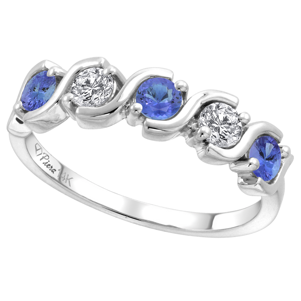 14k White Gold 5-Stone Diamond & Genuine Tanzanite Ring Round Brilliant cut 0.23 cttw 3mm, size 5-10