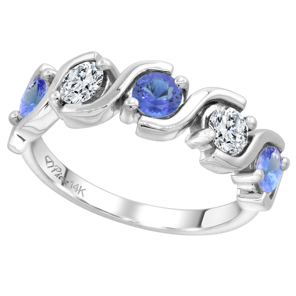 14k White Gold 5-Stone Genuine Tanzanite and Diamond Ring Round Brilliant cut 0.4ct 3.7mm, size 5-10