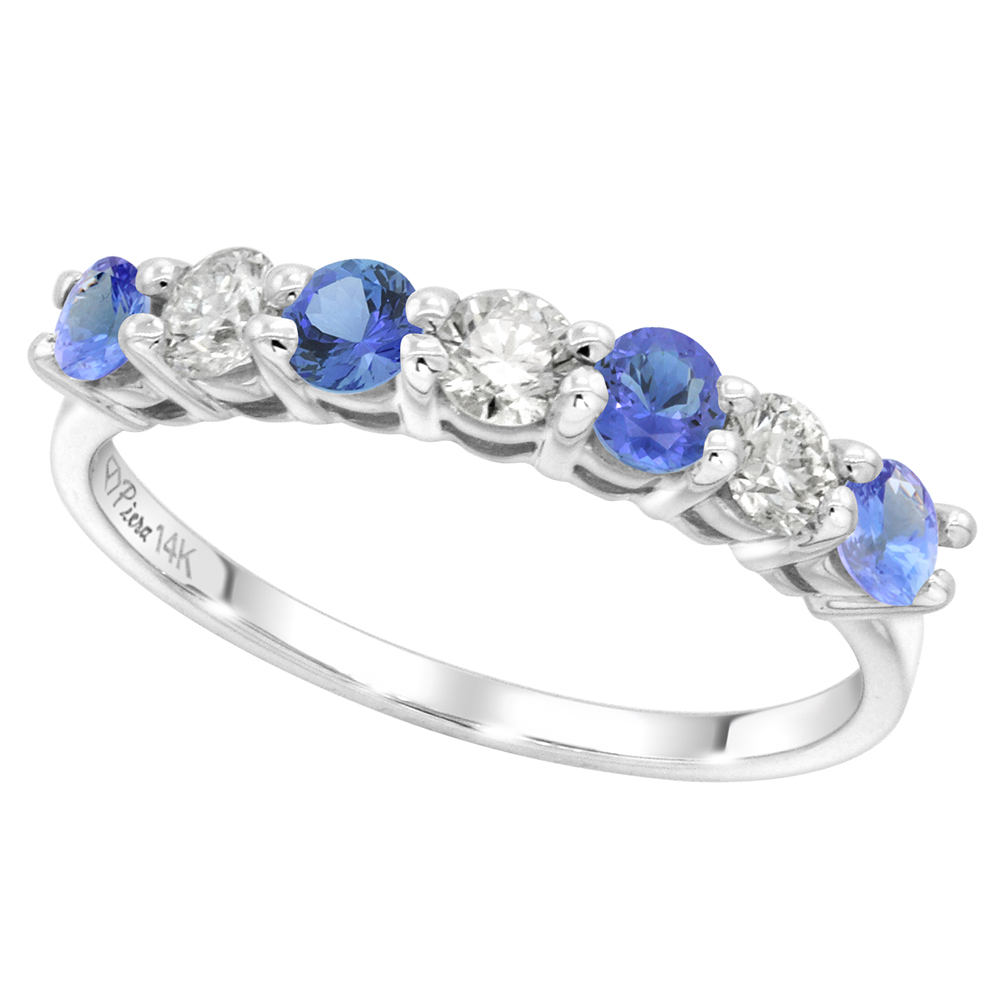 14k White Gold Genuine Tanzanite and Diamond 7-stone Ring Round Brilliant cut 0.35ct 3mm, size 5-10