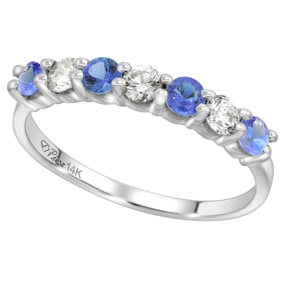 14k White Gold Genuine Tanzanite and Diamond 7-Stone Ring Round Brilliant cut 0.35cttw 3mm, size 5-10