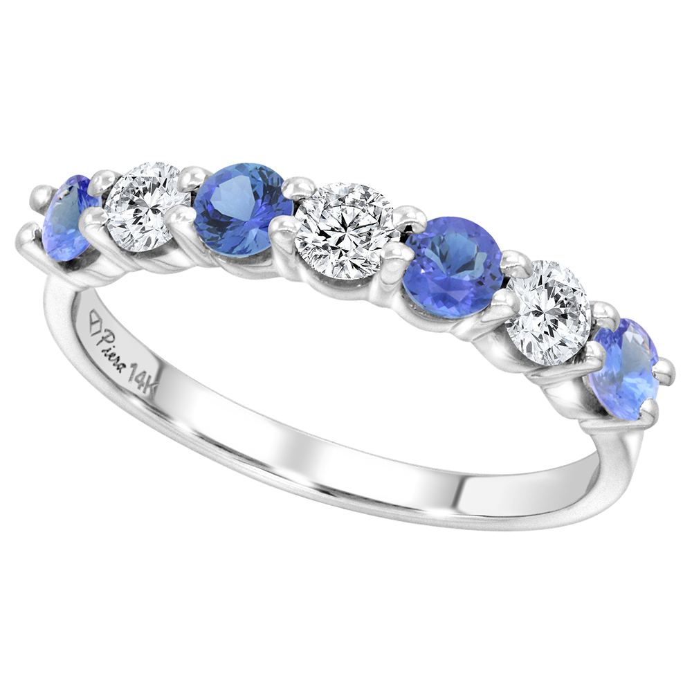 14k White Gold Genuine Tanzanite and Diamond 7-Stone Ring Round Brilliant cut 0.77cttw 4.1mm, size 5-10