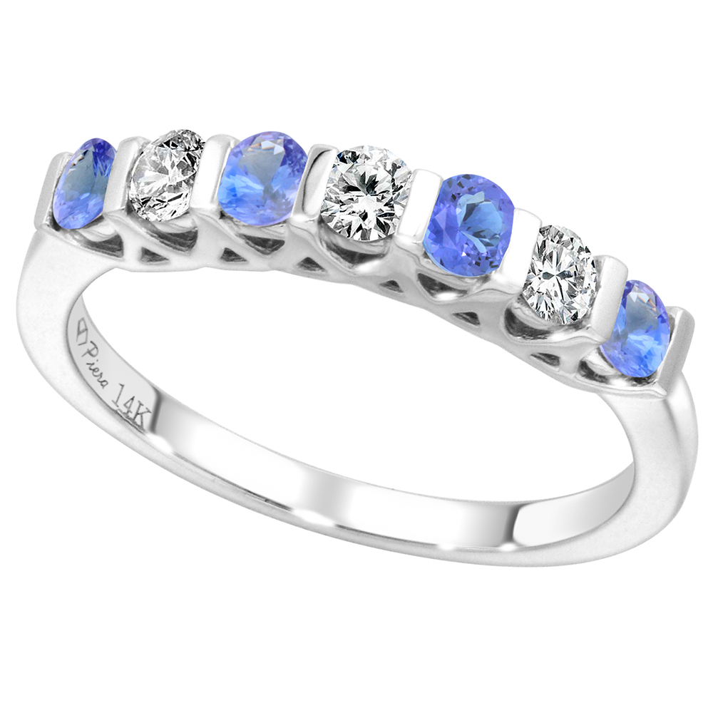 14k White Gold Genuine Tanzanite & Diamond 7-Stone Ring Round Brilliant cut 0.3cttw 2.8mm, size 5-10