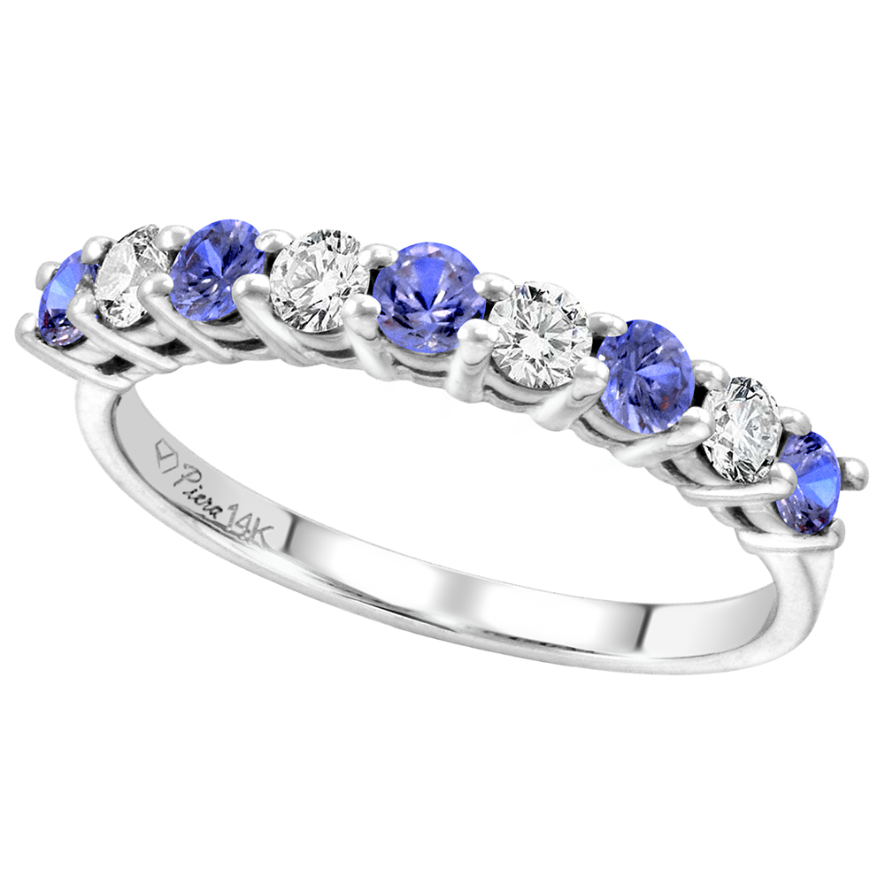 14k White Gold Diamond and Genuine Tanzanite 9-Stone Ring Round Brilliant cut 0.4cttw 2.8mm, size 5-10