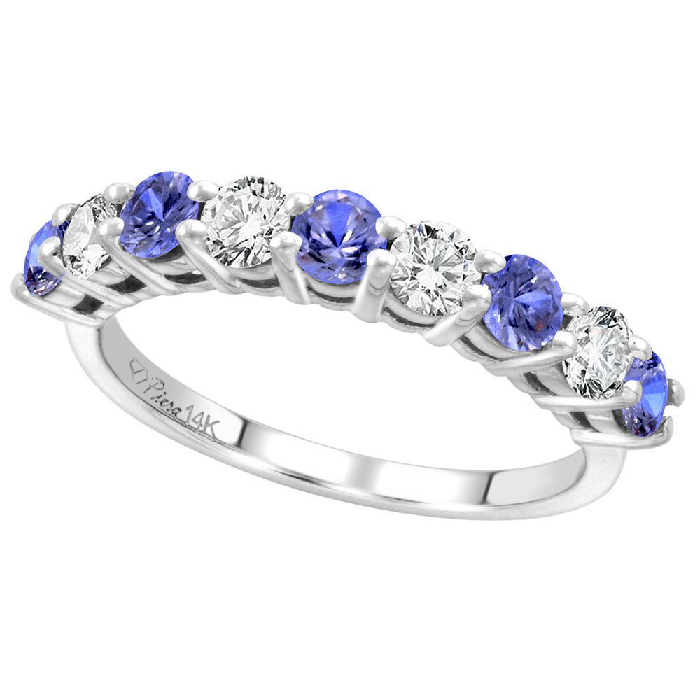 14k White Gold Diamond & Genuine Tanzanite 9-Stone Ring Round Brilliant cut 0.52 cttw 3.1mm, size 5-10