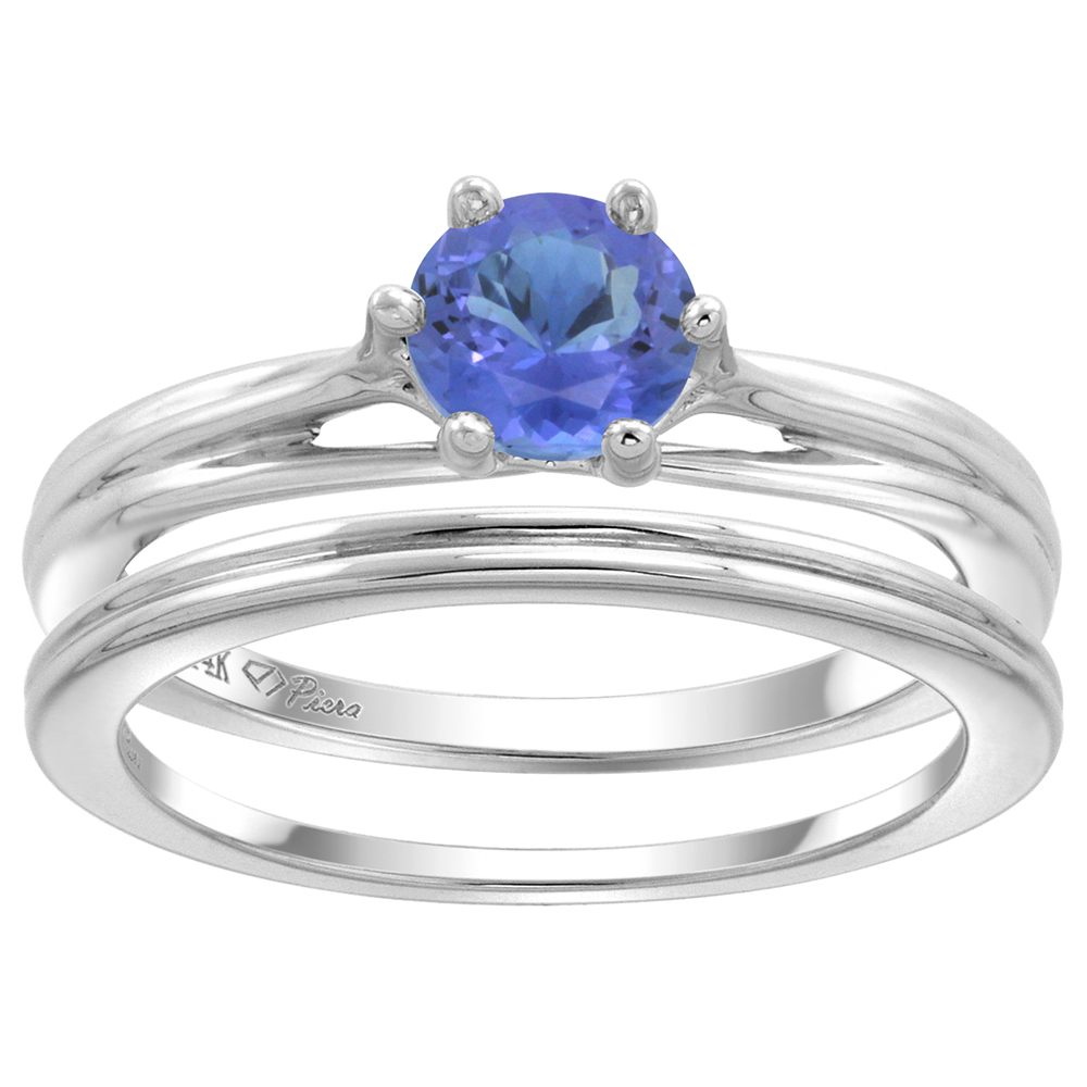 14k White Gold Genuine Tanzanite Solitaire Engagement 2pc Ring Set Round 6mm, size 5-10