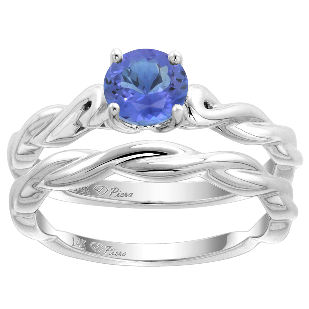 14k White Gold Genuine Tanzanite 2pc Solitaire Engagement Ring Set Round 6mm Twisted Shank, size 5-10