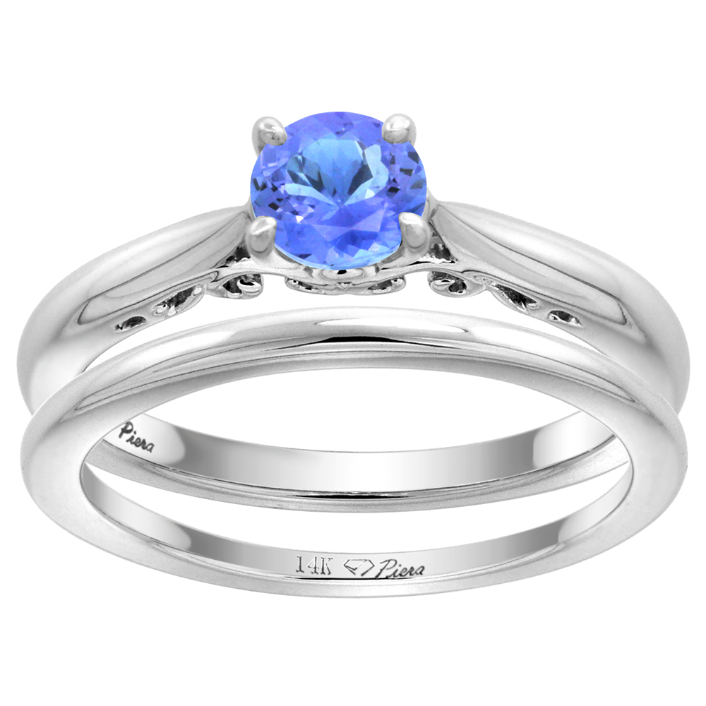 14k White Gold Genuine Tanzanite Solitaire Engagement 2pc Ring Set Round 6mm, size 5-10