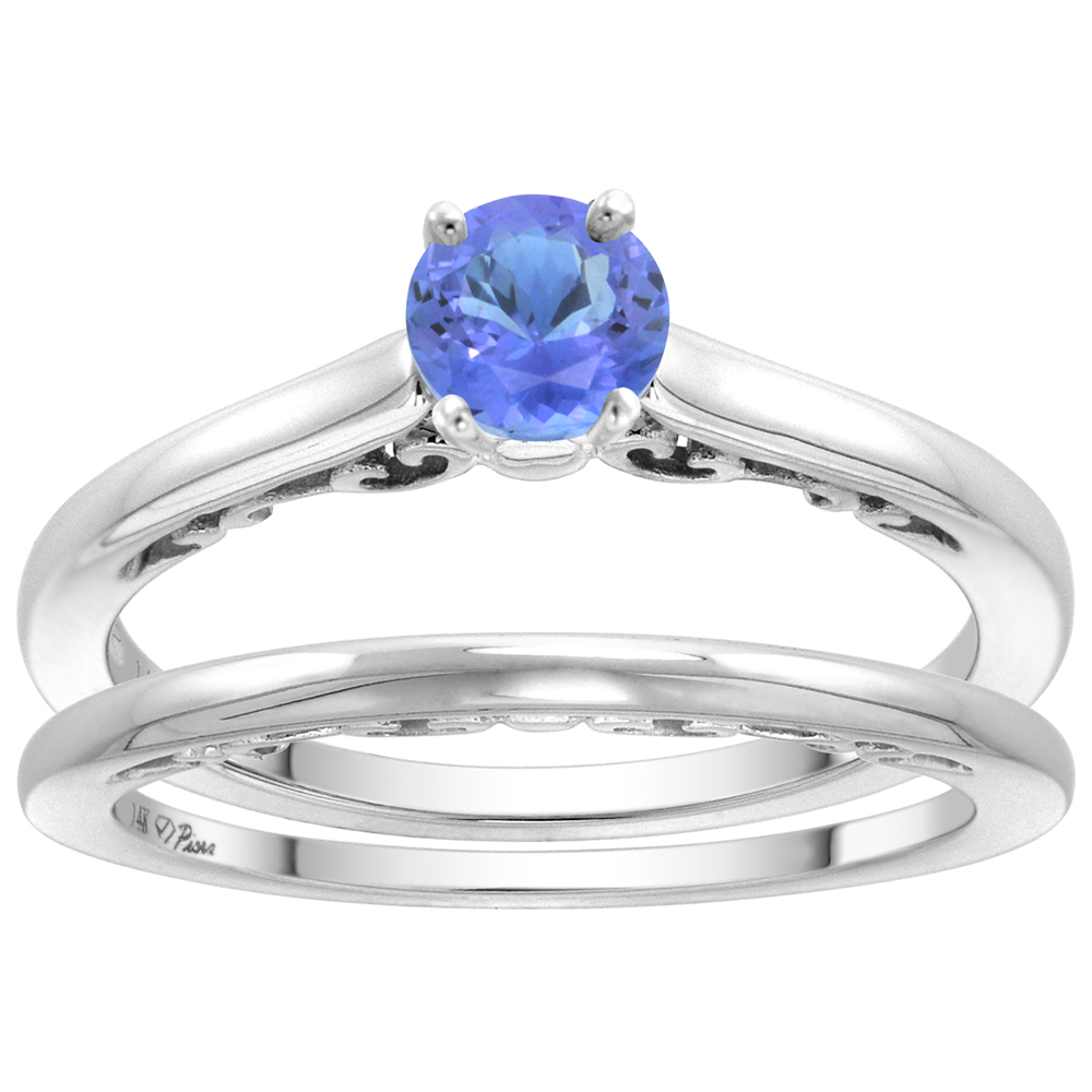 14k White Gold Genuine Tanzanite Solitaire Engagement 2pc Ring Set Round 4mm, size 5-10