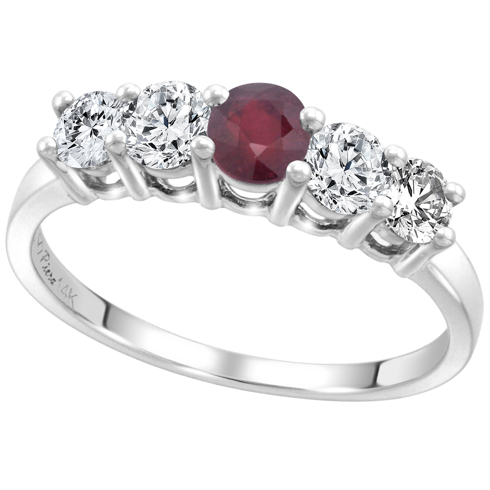 14k White Gold 0.6ct Diamond & Quality Genuine Genuine Ruby 5-Stone Ring Round Brilliant cut 4mm,size5-10