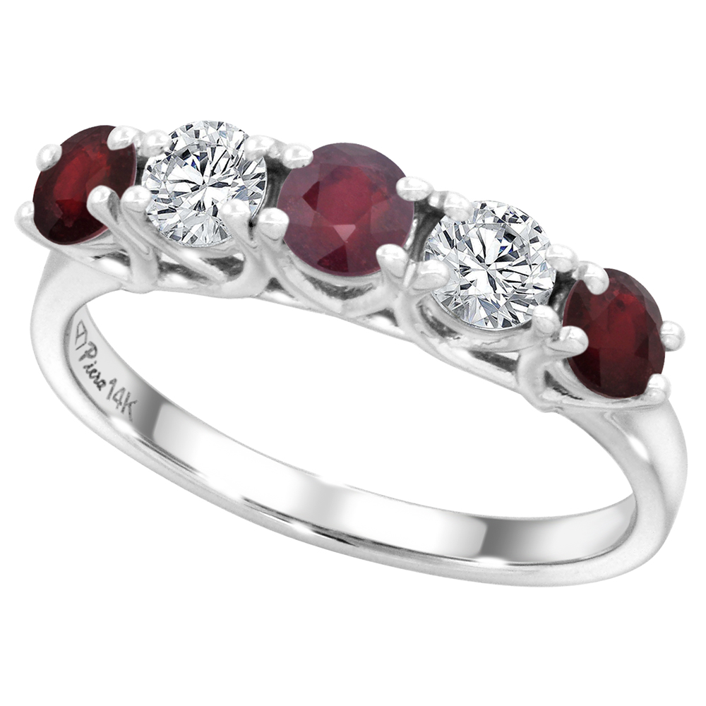 14k White Gold Quality Genuine Ruby and Diamond 5-Stone Ring Round Brilliant cut 0.4ct 3.7mm, size 5-10