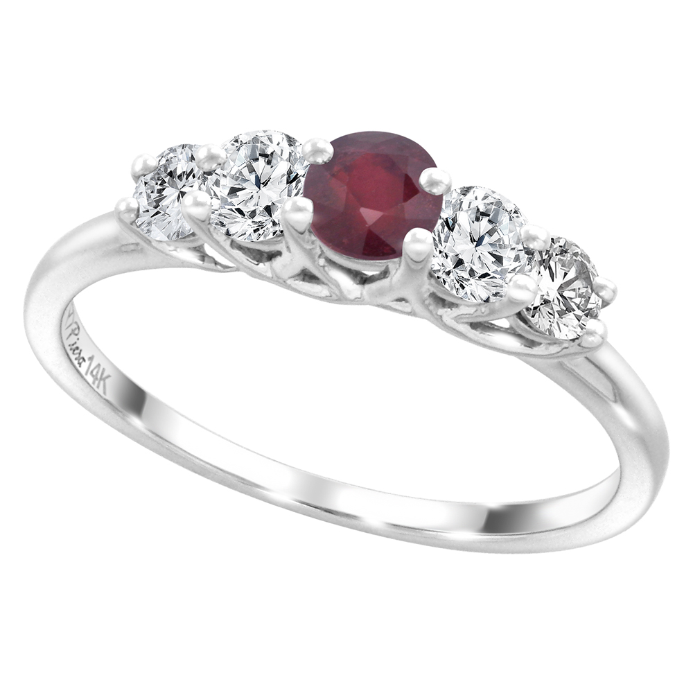 14k White Gold 0.4ct Diamond & Quality Genuine Ruby 5-Stone Ring Round Brilliant cut 3.6mm, size 5-10