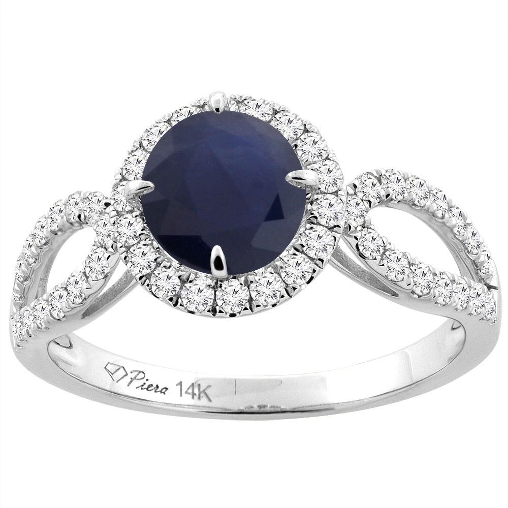 14K White Gold Diamond Halo Natural Quality Blue Sapphire Engagement Ring Round 6 mm, size5-10